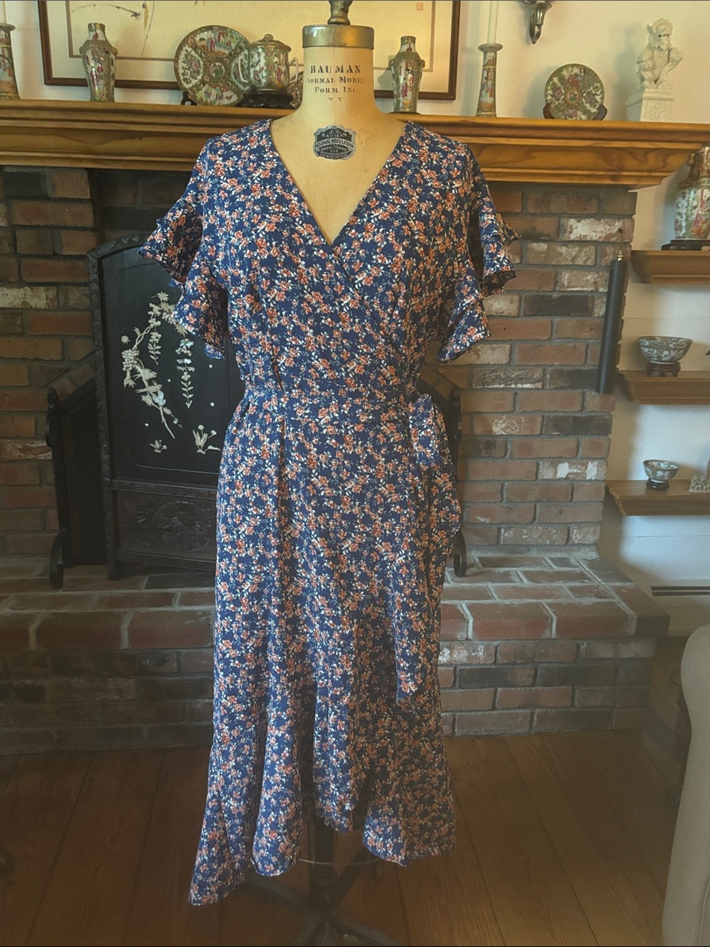 Max Studio Navy Midi Wrap Dress with Coral Floral Print